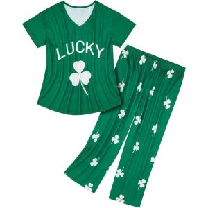 imageZando Pajamas for Women 2 Piece Lounge Sets Cartoon Pajama Set Sleep Matching Sets with Pants Capri PJS Print SleepwearGreen Three Leaf