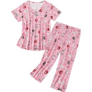 imageZando Pajamas for Women 2 Piece Lounge Sets Cartoon Pajama Set Sleep Matching Sets with Pants Capri PJS Print SleepwearPink Cat