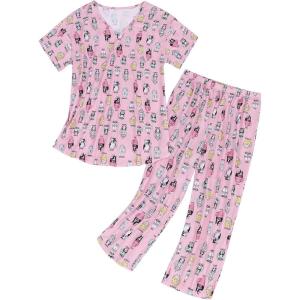 imageZando Pajamas for Women 2 Piece Lounge Sets Cartoon Pajama Set Sleep Matching Sets with Pants Capri PJS Print SleepwearPink Cat Cup