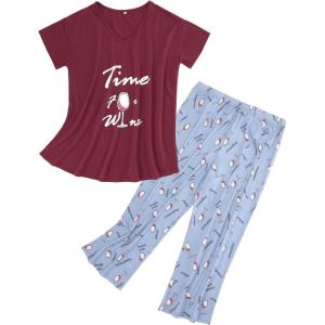 imageZando Pajamas for Women 2 Piece Lounge Sets Cartoon Pajama Set Sleep Matching Sets with Pants Capri PJS Print SleepwearRed Wine Glass