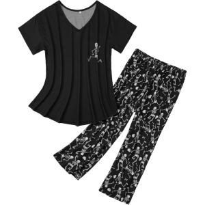 imageZando Pajamas for Women 2 Piece Lounge Sets Cartoon Pajama Set Sleep Matching Sets with Pants Capri PJS Print SleepwearSkull