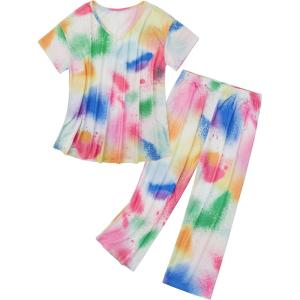 imageZando Pajamas for Women 2 Piece Lounge Sets Cartoon Pajama Set Sleep Matching Sets with Pants Capri PJS Print SleepwearTie Dyed Colorful