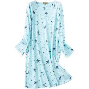 imageZando Womens Long Sleeve Nightgown Cotton Nightgowns Plus Size House Dresses Soft Ladies Night Gown Cartoon Sleep Shirt04 Long Green Star