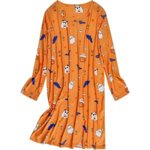 imageZando Womens Long Sleeve Nightgown Cotton Nightgowns Plus Size House Dresses Soft Ladies Night Gown Cartoon Sleep ShirtHalloween Pumpkin