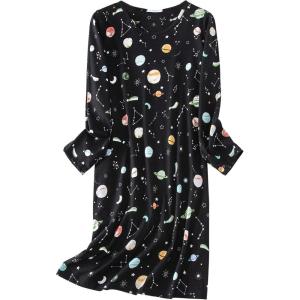 imageZando Womens Long Sleeve Nightgown Cotton Nightgowns Plus Size House Dresses Soft Ladies Night Gown Cartoon Sleep ShirtLong Black Planet