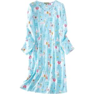 imageZando Womens Long Sleeve Nightgown Cotton Nightgowns Plus Size House Dresses Soft Ladies Night Gown Cartoon Sleep ShirtLong Blue Alpaca
