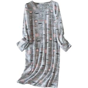 imageZando Womens Long Sleeve Nightgown Cotton Nightgowns Plus Size House Dresses Soft Ladies Night Gown Cartoon Sleep ShirtLong Grey Cups