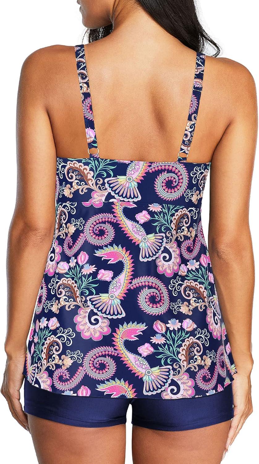 imageZando Womens Tankini Swimsuits for Women Tummy Control Bathing Suits for Women Athletic Two Piece Swimsuit with BoyshortsB Vintage Ethnic Printed