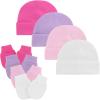 imageZando Baby Hats and Mittens Unisex Infant Beanie Caps Newborn Hospital Hat with Scratch Mitten Set for Baby Boys Grils Hats4 Pack 3 WhitePurplePinkRosered