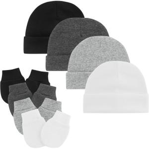 imageZando Baby Hats and Mittens Unisex Infant Beanie Caps Newborn Hospital Hat with Scratch Mitten Set for Baby Boys Grils Hats4 Pack 1 BlackWhiteGreyBlackgrey