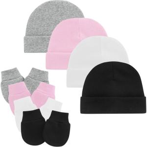 imageZando Baby Hats and Mittens Unisex Infant Beanie Caps Newborn Hospital Hat with Scratch Mitten Set for Baby Boys Grils Hats4 Pack 8 BlackPinkGreyWhite