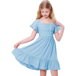 imageZando Girls Dresses Tie Back Dress for Girls Ruffle Short Sleeve Dresses Tween Kids Off Shoulder Junior Dress 616 YearsBlue