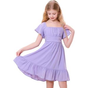 imageZando Girls Dresses Tie Back Dress for Girls Ruffle Short Sleeve Dresses Tween Kids Off Shoulder Junior Dress 616 YearsLavender Purple