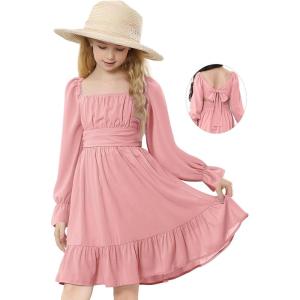 imageZando Girls Dresses Tie Back Dress for Girls Ruffle Short Sleeve Dresses Tween Kids Off Shoulder Junior Dress 616 YearsLongpink