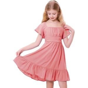 imageZando Girls Dresses Tie Back Dress for Girls Ruffle Short Sleeve Dresses Tween Kids Off Shoulder Junior Dress 616 YearsPink