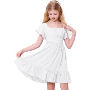 imageZando Girls Dresses Tie Back Dress for Girls Ruffle Short Sleeve Dresses Tween Kids Off Shoulder Junior Dress 616 YearsWhite