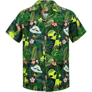 imageZando Hawaiian Shirt for Men Funny Animal Tropical Shirts for Men Short Sleeve Button Down Vacation Shirt Summer Beach ShirtGreen Alien