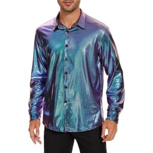 imageZando Mens Disco Shirt Outfit Retro 70s Shirts for Men Sequin Glitter Long Sleeve Button Down Disco Outfits Party CostumeBule  Purple