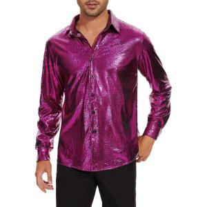 imageZando Mens Disco Shirt Outfit Retro 70s Shirts for Men Sequin Glitter Long Sleeve Button Down Disco Outfits Party CostumeHot Pink