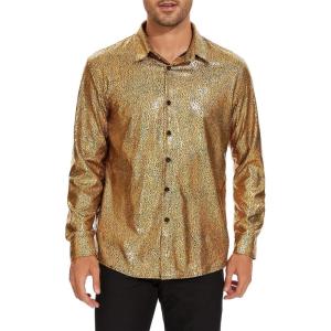 imageZando Mens Disco Shirt Outfit Retro 70s Shirts for Men Sequin Glitter Long Sleeve Button Down Disco Outfits Party CostumeZ Gold