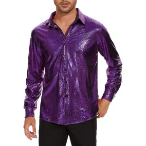 imageZando Mens Disco Shirt Outfit Retro 70s Shirts for Men Sequin Glitter Long Sleeve Button Down Disco Outfits Party CostumeZ Purple