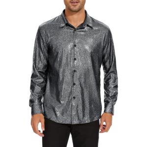 imageZando Mens Disco Shirt Outfit Retro 70s Shirts for Men Sequin Glitter Long Sleeve Button Down Disco Outfits Party CostumeZ Sliver