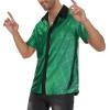 imageMens Button Down Disco Shirt Outfit Men Retro 70s Shirts for Men Sequin Metallic Short Sleeve Disco Outfits Party Costume TopGreen