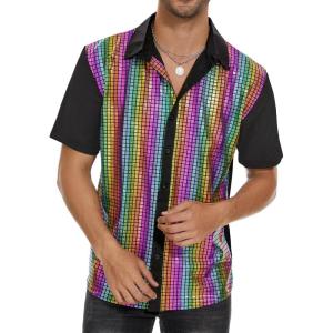 imageMens Button Down Disco Shirt Outfit Men Retro 70s Shirts for Men Sequin Metallic Short Sleeve Disco Outfits Party Costume TopChequer Rainbow