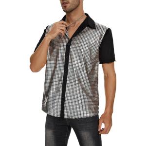 imageMens Button Down Disco Shirt Outfit Men Retro 70s Shirts for Men Sequin Metallic Short Sleeve Disco Outfits Party Costume TopChequer Silver
