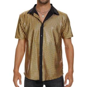 imageMens Button Down Disco Shirt Outfit Men Retro 70s Shirts for Men Sequin Metallic Short Sleeve Disco Outfits Party Costume TopGold