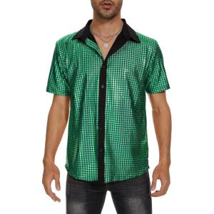 imageMens Button Down Disco Shirt Outfit Men Retro 70s Shirts for Men Sequin Metallic Short Sleeve Disco Outfits Party Costume TopGreen