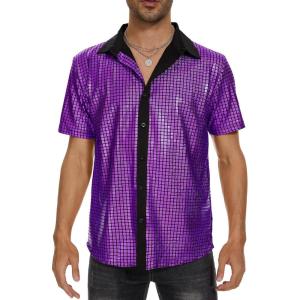 imageMens Button Down Disco Shirt Outfit Men Retro 70s Shirts for Men Sequin Metallic Short Sleeve Disco Outfits Party Costume TopPurple