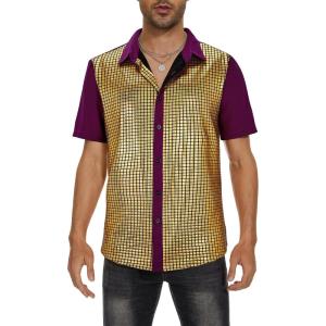 imageMens Button Down Disco Shirt Outfit Men Retro 70s Shirts for Men Sequin Metallic Short Sleeve Disco Outfits Party Costume TopPurple Gold