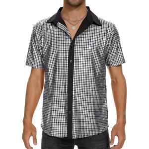 imageMens Button Down Disco Shirt Outfit Men Retro 70s Shirts for Men Sequin Metallic Short Sleeve Disco Outfits Party Costume TopSilver