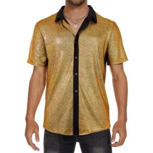 imageMens Button Down Disco Shirt Outfit Men Retro 70s Shirts for Men Sequin Metallic Short Sleeve Disco Outfits Party Costume TopSprinkle Gold