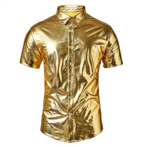 imageMens Button Down Disco Shirt Outfit Men Retro 70s Shirts for Men Sequin Metallic Short Sleeve Disco Outfits Party Costume TopZ Gold