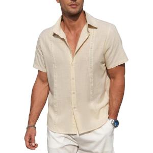 imageZando Mens Linen Cotton Shirts Short Sleeve Button Down Beach Shirt for Men Casual Guayabera Shirts Summer Vacation Shirt TopBeige