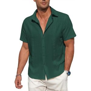 imageZando Mens Linen Cotton Shirts Short Sleeve Button Down Beach Shirt for Men Casual Guayabera Shirts Summer Vacation Shirt TopBlackish Green