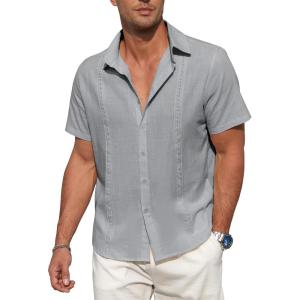 imageZando Mens Linen Cotton Shirts Short Sleeve Button Down Beach Shirt for Men Casual Guayabera Shirts Summer Vacation Shirt TopGrey