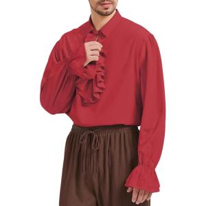 imageZando Mens Pirate Shirt Renaissance Faire Costume Men Medieval Vampire Victorian Steampunk Viking Halloween Cosplay Top01 Red