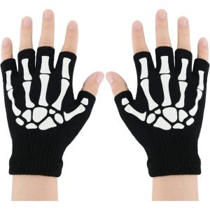 imageZando Halloween Gloves Accessories Cosplay Adult Skeleton Gloves Kids Skeleton Costume Gloves Luminous Skull Knit GloveHalf Finger 2 Pairs