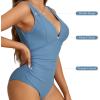 imageZando One Piece Swimsuit for Women 2024 V Neck Bathing Suit Ruched Tummy Control Swimsuit Sexy High Cut Bathing SuitsBlue