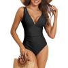 imageZando One Piece Swimsuit for Women 2024 V Neck Bathing Suit Ruched Tummy Control Swimsuit Sexy High Cut Bathing SuitsBlack