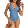 imageZando One Piece Swimsuit for Women 2024 V Neck Bathing Suit Ruched Tummy Control Swimsuit Sexy High Cut Bathing SuitsBlue
