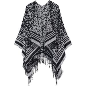 imageZando Womens Warm Shawl Wrap Open Front Poncho Cape Color Block Shawls Winter Cardigan Wrap Printed Ponchos for Women 2I Grey Leopard