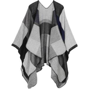 imageZando Womens Warm Shawl Wrap Open Front Poncho Cape Color Block Shawls Winter Cardigan Wrap Printed Ponchos for Women 2Navy Grey