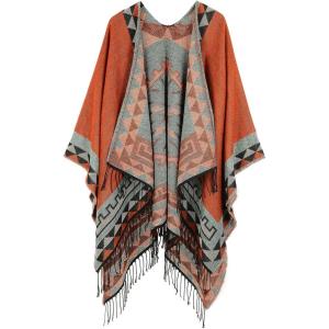 imageZando Womens Warm Shawl Wrap Open Front Poncho Cape Color Block Shawls Winter Cardigan Wrap Printed Ponchos for Women 2Orange