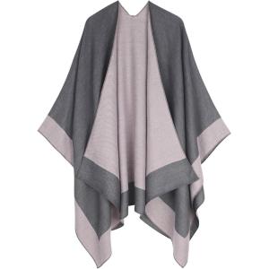 imageZando Womens Warm Shawl Wrap Open Front Poncho Cape Color Block Shawls Winter Cardigan Wrap Printed Ponchos for Women 2Q Grey Pink