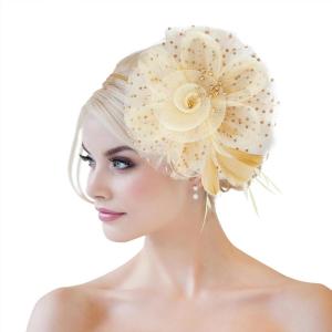imageZando Fascinators for Women Tea Party Hat Kentucky Derby Hats Flower Mesh Feathers Headband Headwear Hair Clip for GirlsBeige  Gold