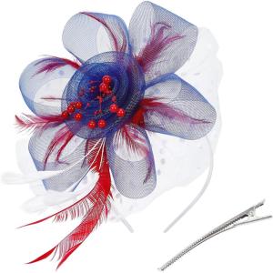 imageZando Fascinators for Women Tea Party Hat Kentucky Derby Hats Flower Mesh Feathers Headband Headwear Hair Clip for GirlsBlue  Red